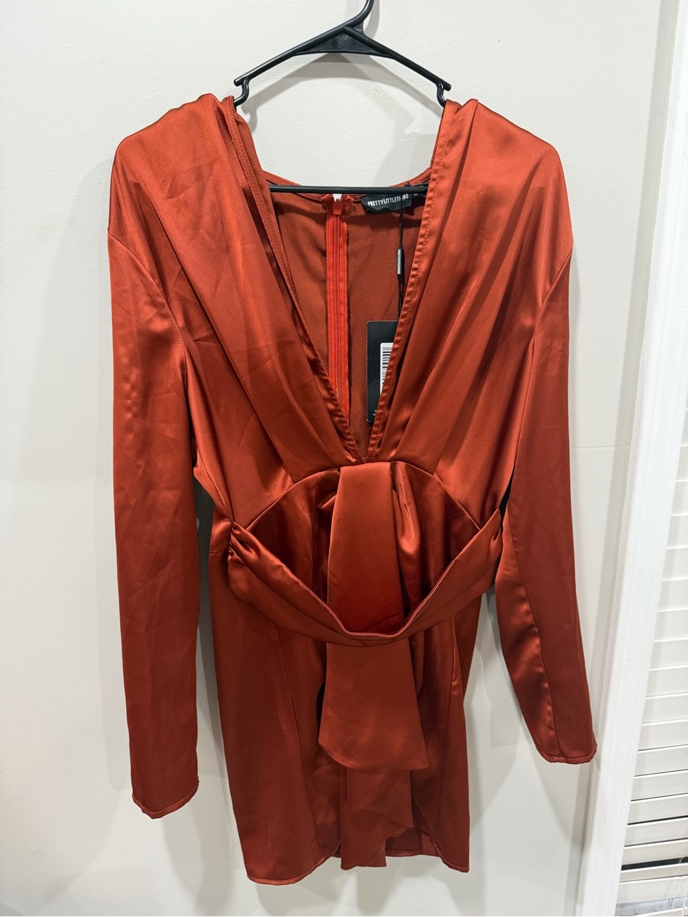 PrettyLittleThing Rust Satin Long Sleeve Mini Dress